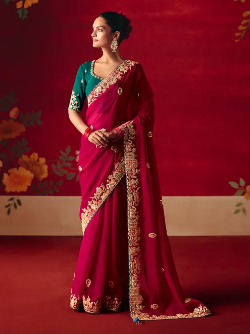 Deep magenta tissue organza wedding wear saree