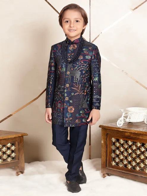 Deep navy timeless terry rayon indo western for boys