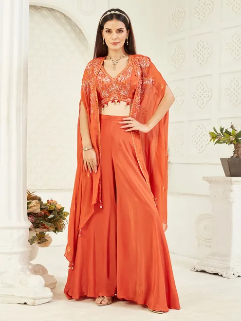 Deep orange satin silk Jacket style palazzo suit