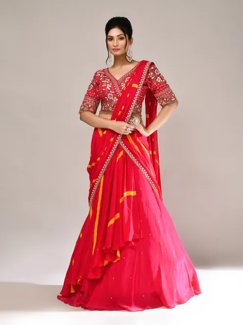 Deep pink printed silk embellished lehenga choli