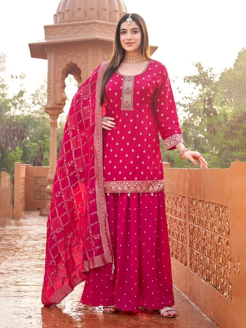 Deep rani pink georgette palazzo suit with dupatta