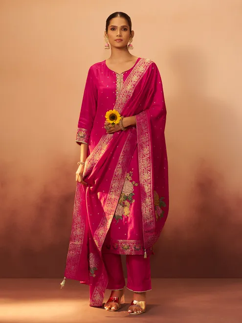 Red pink silk festive kurti ensemble