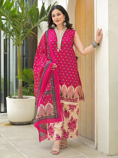 Deep rani silk sleeveless kurti set with dupatta