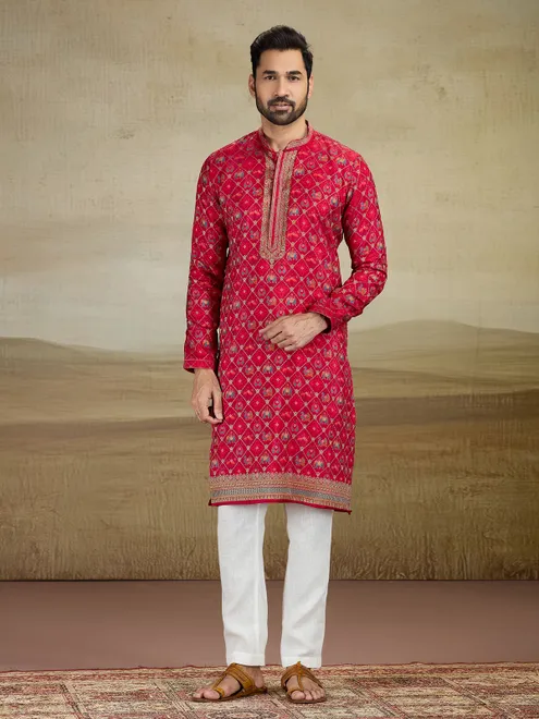 Deep red zari worked kurta suit in viscose slk