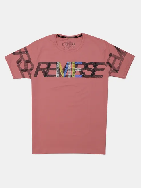 Deepee slim fit printed cotton t shirt in peach
