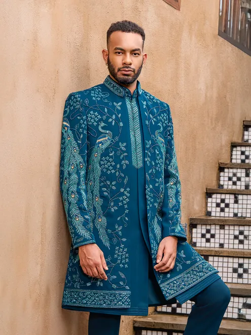 Designer blue art silk peacock motif indo western