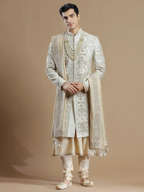 Designer cream color raw silk fabric sherwani