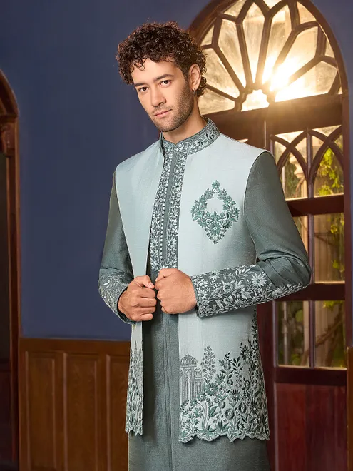 Designer green art silk embroidered indo western jacket