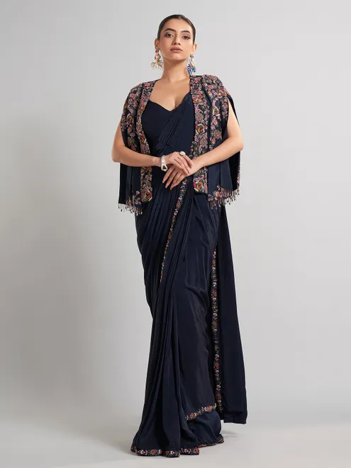 Designer navy chinon silk saree for elegant evening wear