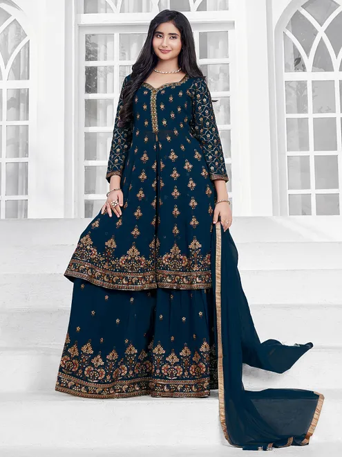 Designer pecock blue georgette palazzo suit