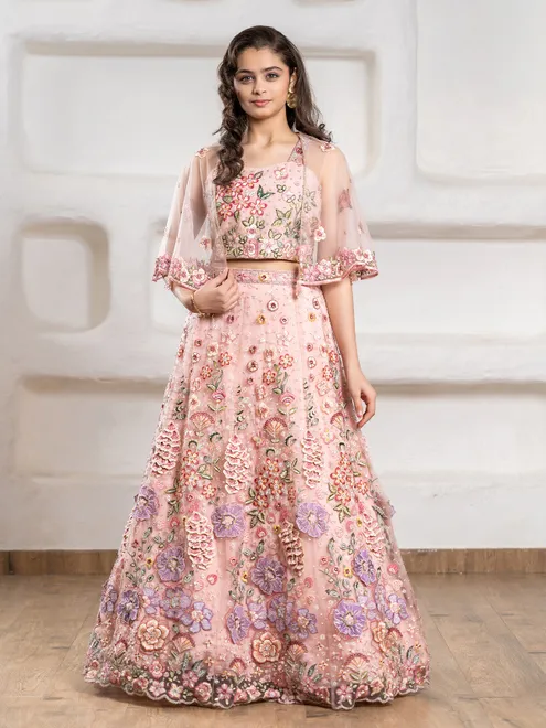Designer pink net lehenga choli with diamond accents