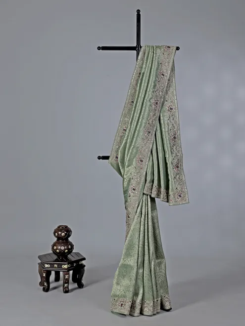Designer pista green tissue silk saree