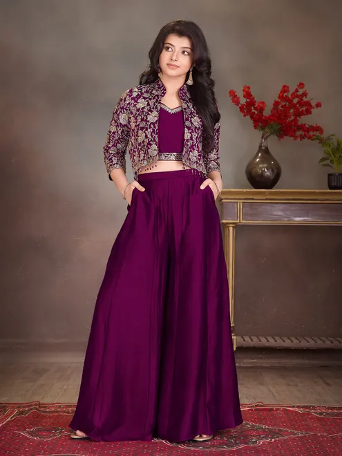 Designer wine crepe silk jacket palazzo suit