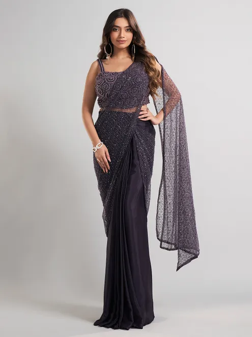 Designer wine ready to wear saree for evening party wear