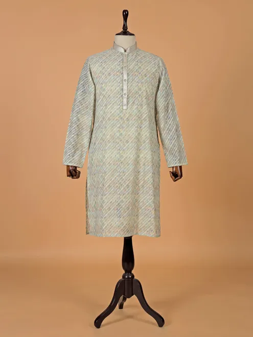 Dusty beige printed silk kurta suit for men