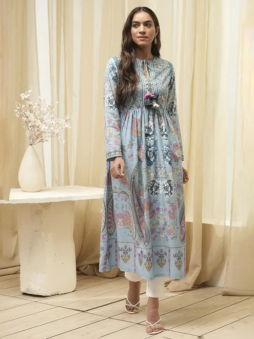 Dusty light blue printed silk kurti