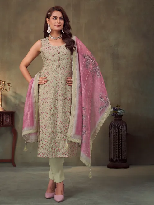 Dusty light green silk salwar suit with dupatta