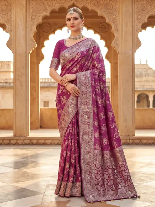 Dusty mauve floral arch dola silk saree