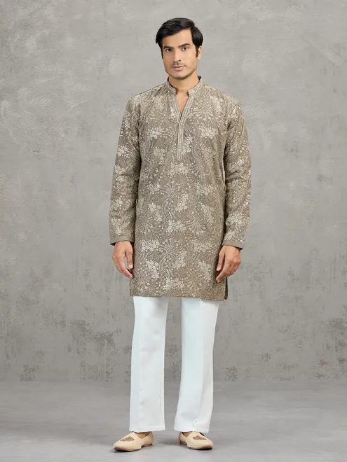 Dusty olive Korean silk embroidered festive kurta suit