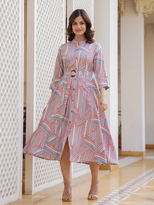 Dusty pink cotton silk printed kurti with belt styling