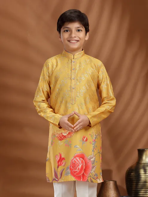 Dusty yellow silk kurta suit for boys