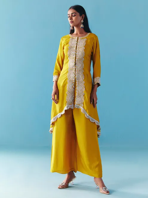 Dusty yellow silk pearl palazzo salwar suit