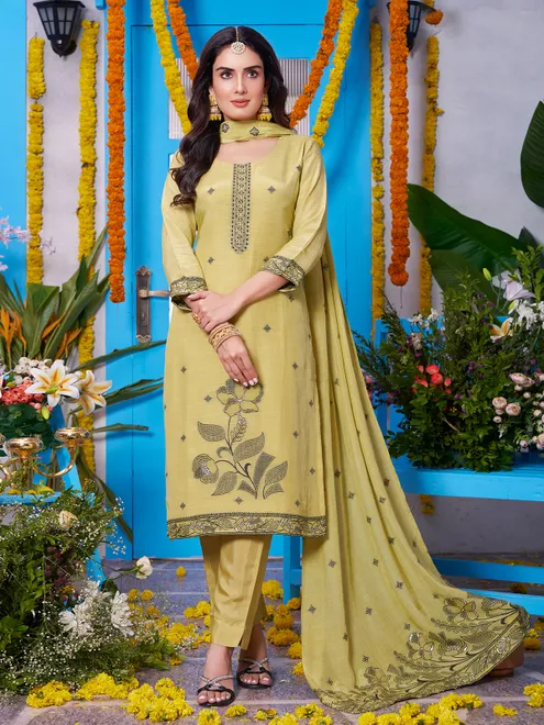 Dusty yellow soft silk straight cut salwar suit