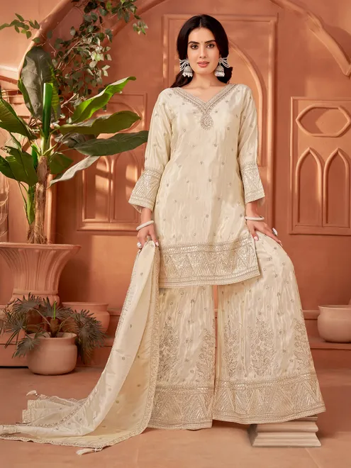 Elegant beige silk pakistani palazzo suit