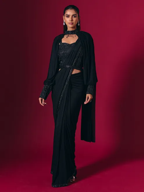 Elegant black lycra saree with cutdana pearl work
