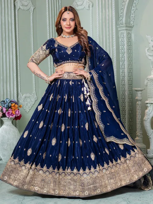 Elegant blue crepe silk lehenga choli with dupatta