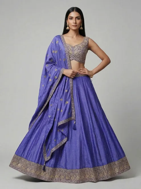 Elegant blue silk lehenga choli with shimmering embroidery details