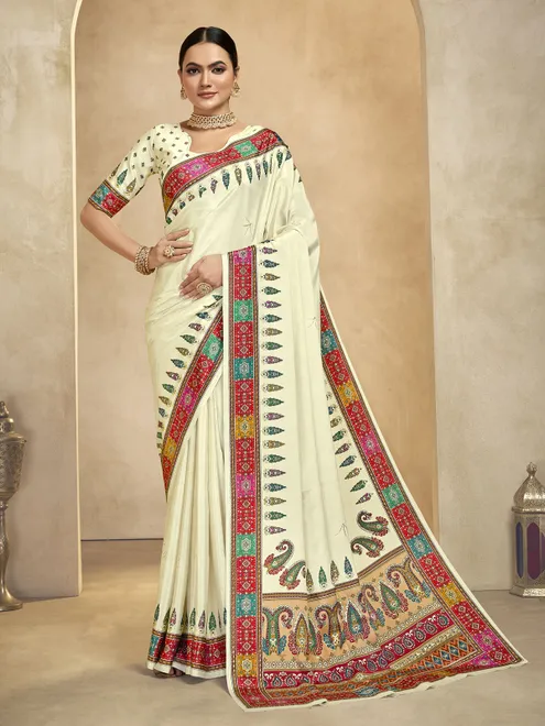 Elegant cream digital printed crepe silk saree