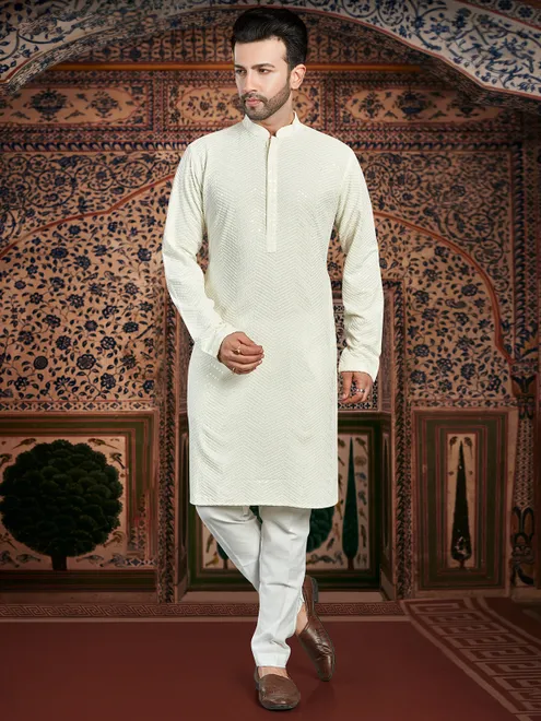 Elegant cream georgette  Men Kurta pajama