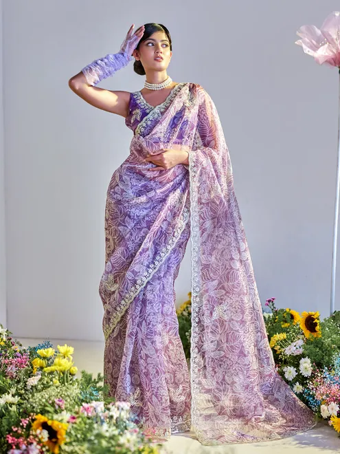 Elegant dark purple printed tissue silk saree