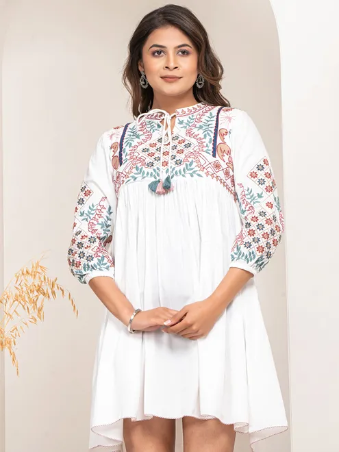 Elegant embroidery white cotton kurti