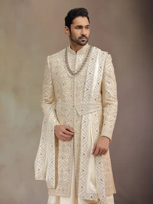 Elegant golden silk peshwa style sherwani for groom