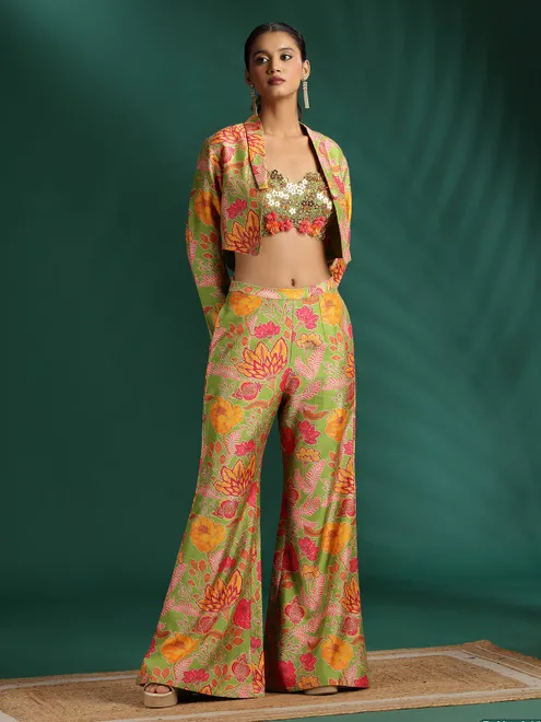 Elegant green silk palazzo suit with jacket