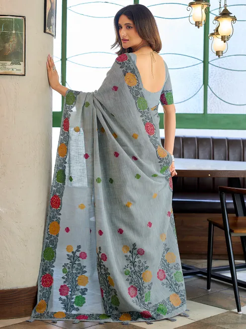 Elegant grey cotton linen saree with floral woven border
