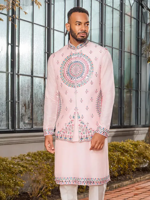 Elegant light pink soft art silk waistcoat set