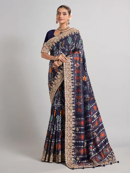 Elegant navy patola silk saree with gota and sequin accents