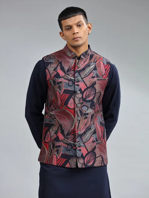 Elegant navy printed waistcoat set