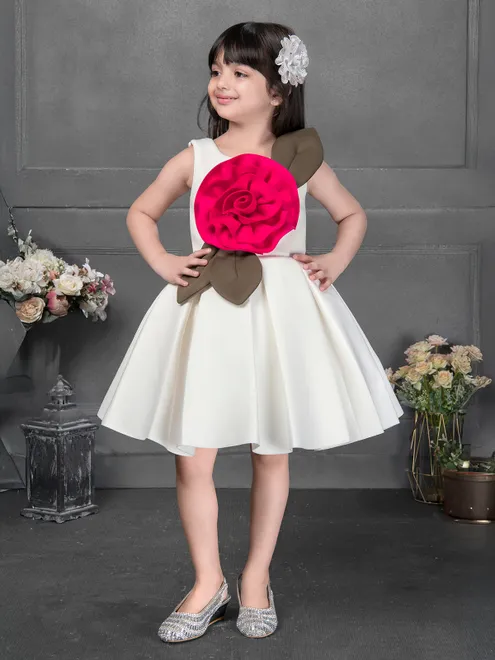 Elegant off white satin frock with applique work