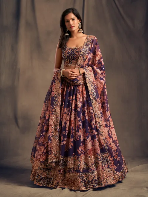 Elegant purple floral organza wedding lehenga choli