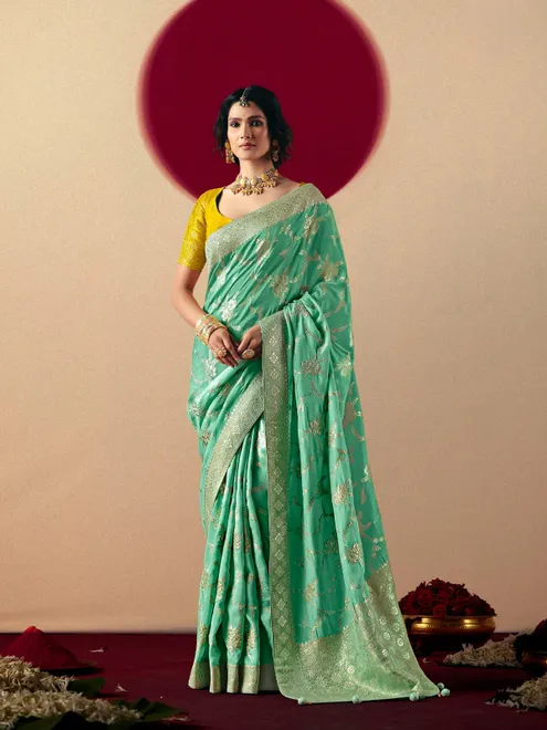 Elegant sea green  dola silk saree