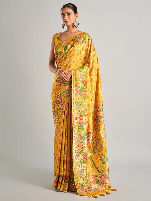 Silk mustard yellow bandhani print saree