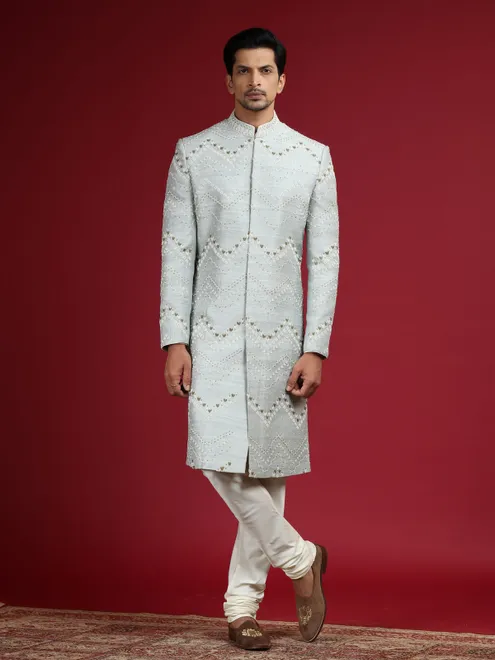 Elegant sky blue raw silk sherwani