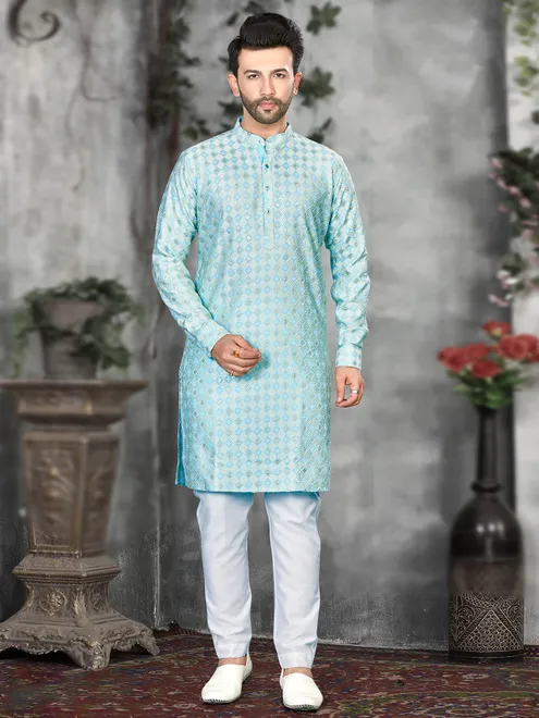 Elegant sky blue silk embroidery  Men Kurta pajama