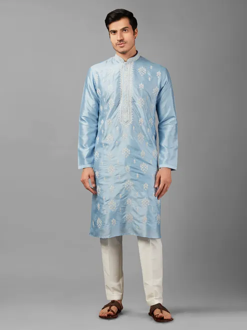 Elegant sky blue silk  Men Kurta pajama