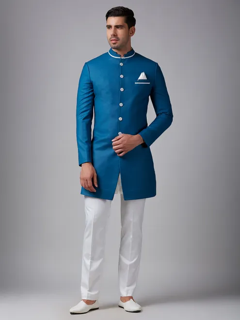 Elegant teal blue plain indowestern