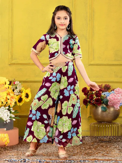 Elegant wine floral georgette palazzo suit